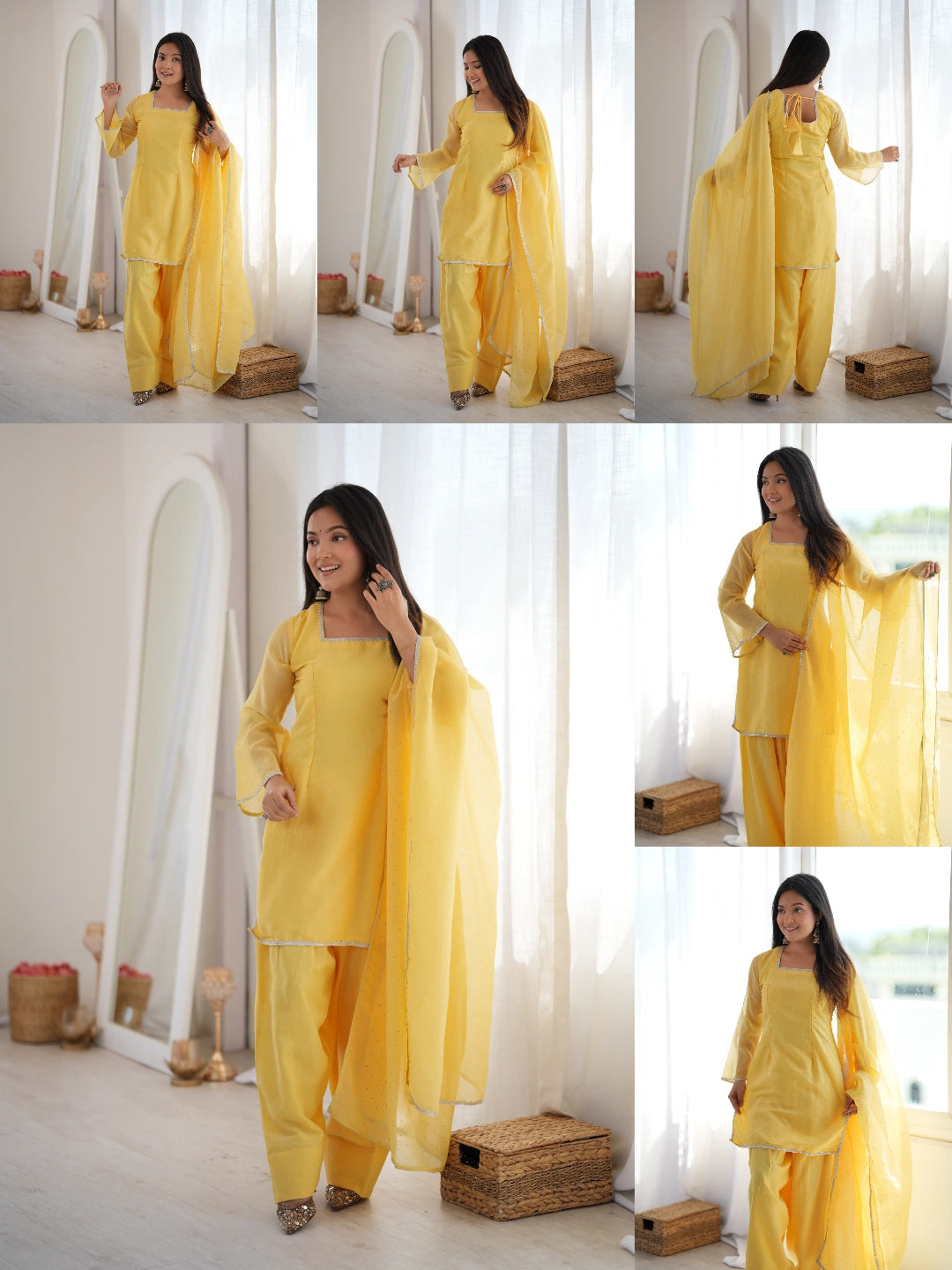 Yellow Swarovski diamond work suit - multiple poses