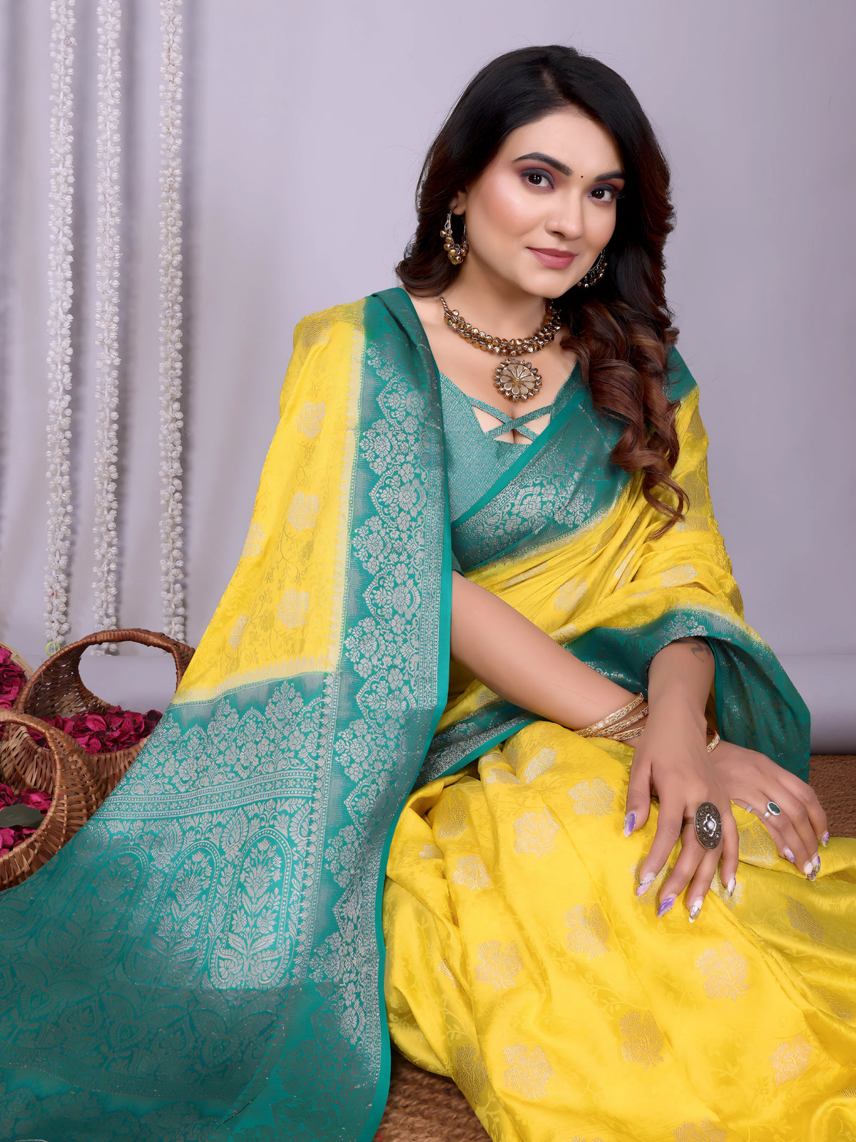  Yellow, Blue Zari Weaving Satin Silk Saree