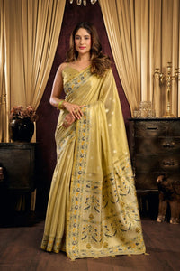 Yellowish Beige Jacquard Weaving Saree – Tissue Silk Blend, Paithani Border
