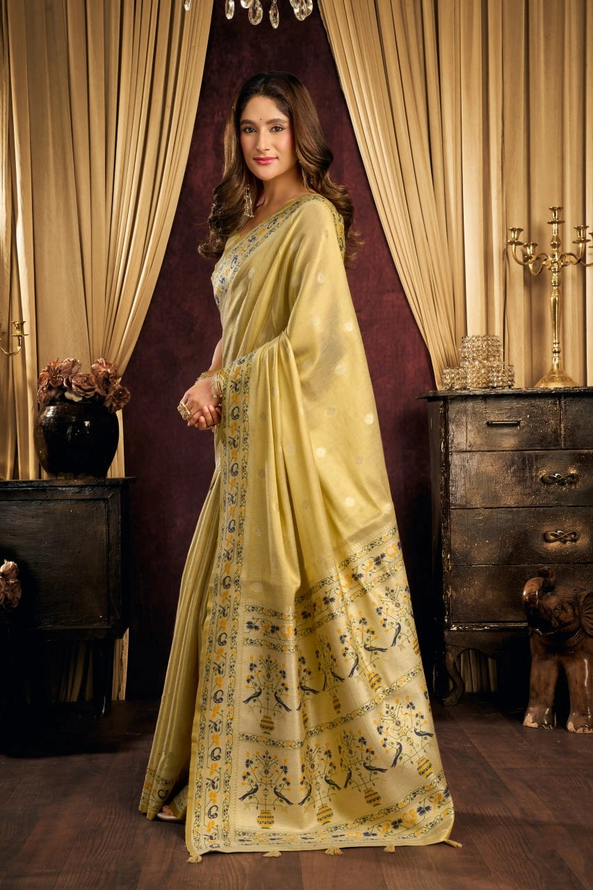 Yellowish Beige Jacquard Saree Paithani border detail – KS380