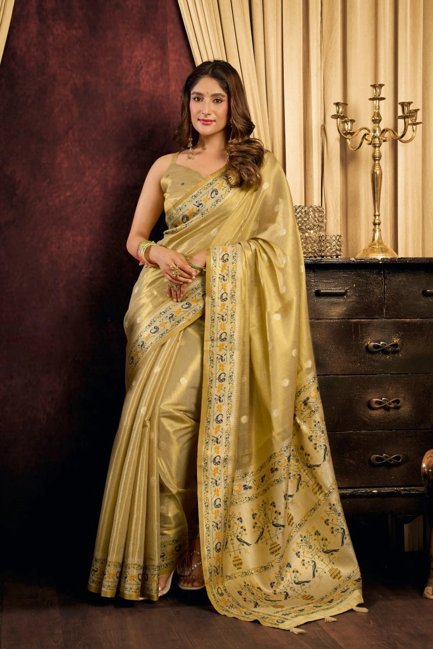 Yellowish Beige Saree woven butti body – KS380