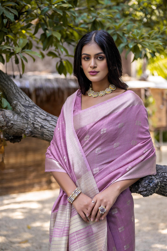lavender pink resham silk saree