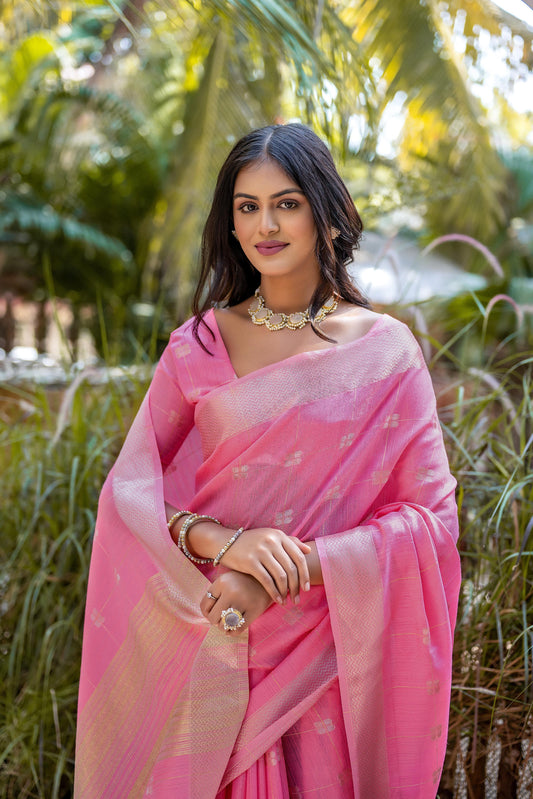 Light Pink Zari Weaving Soft Resham Silk Saree