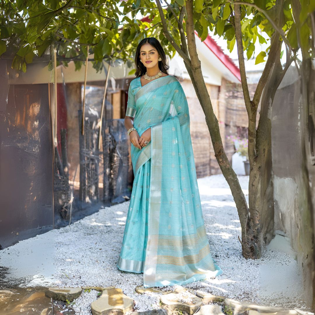 Powder Blue Resham Silk Saree