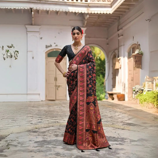 Black Zari Work Soft Pashmina Silk Saree