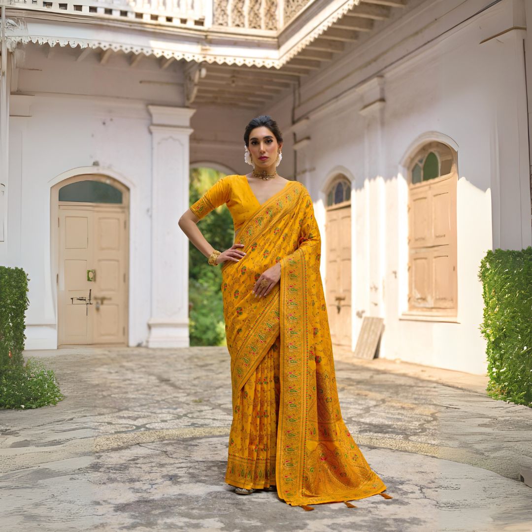 Brown Yellow Zari Work Soft Pashmina Silk Saree