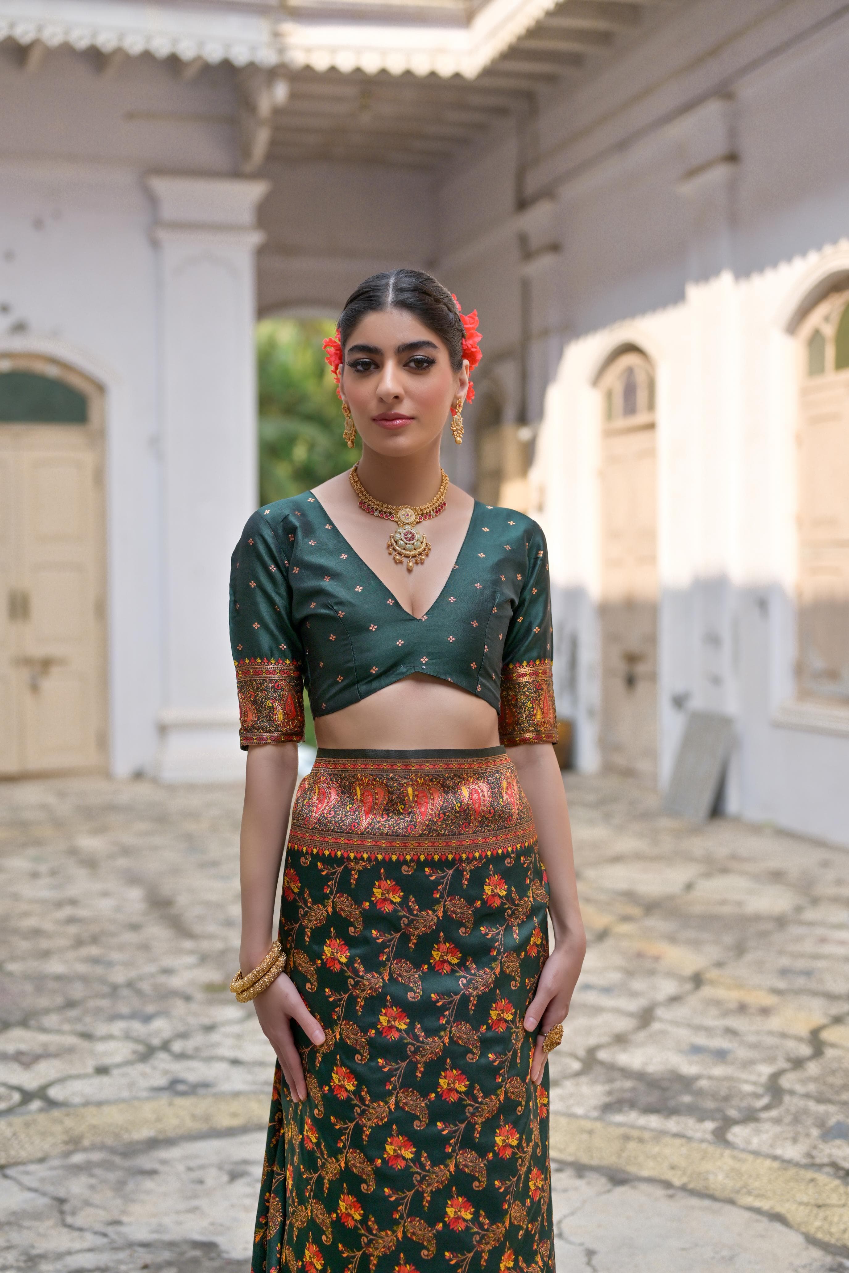 Deep Green Zari Work Soft Pashmina Silk Saree