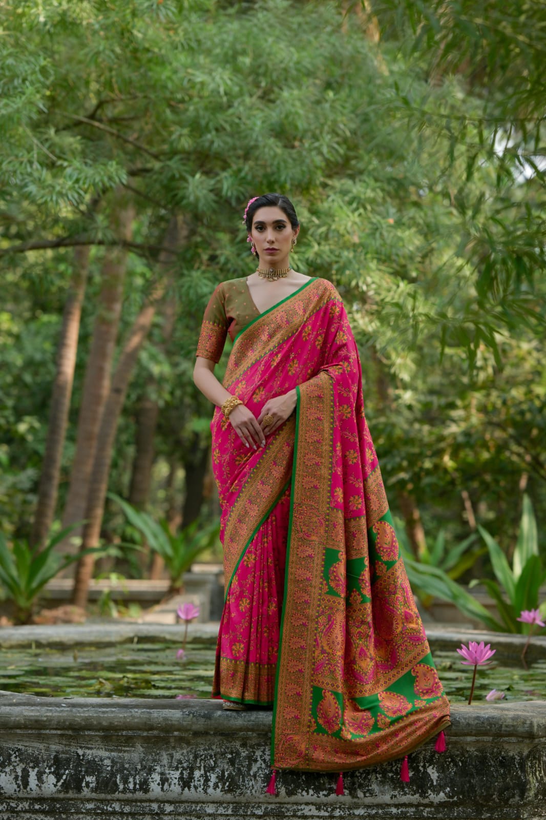 Dark Pink Zari Work Soft Pashmina Silk Saree