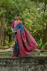 Deep Navy Blue Zari Work Soft Pashmina Silk Saree