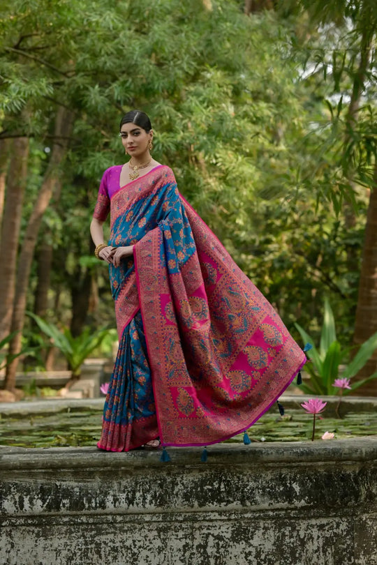 Deep navy blue Zari work soft Pashmina silk saree featuring an intricate Kashmiri-style jal weaving pattern, perfect for festive and traditional occasions.