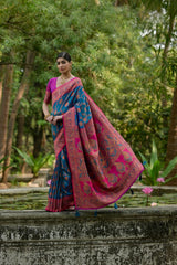 Deep navy blue Zari work soft Pashmina silk saree featuring an intricate Kashmiri-style jal weaving pattern, perfect for festive and traditional occasions.