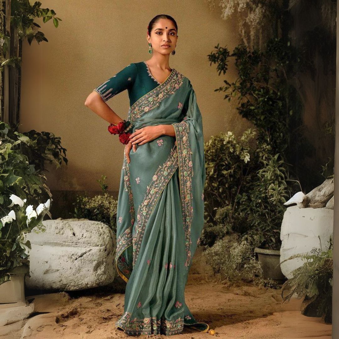 Dim gray Zari work soft Pashmina silk saree featuring intricate Kashmiri-style jal weaving, ideal for festive and traditional occasions.