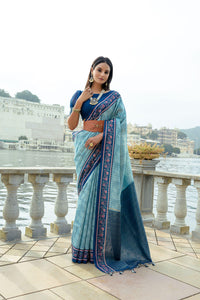 Powder Blue Zari Work Soft Silk Saree