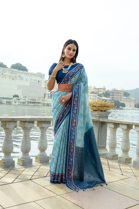 Powder Blue Zari Work Soft Silk Saree