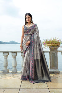 Gray Zari Work Soft Silk Saree