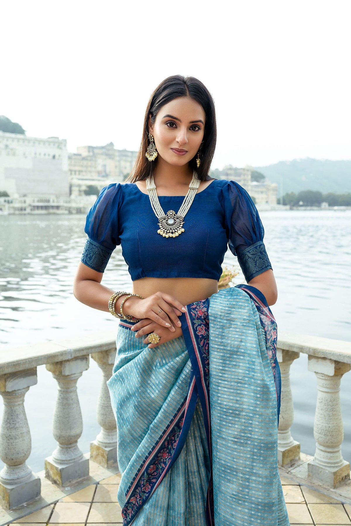 Powder Blue Zari Work Soft Silk Saree